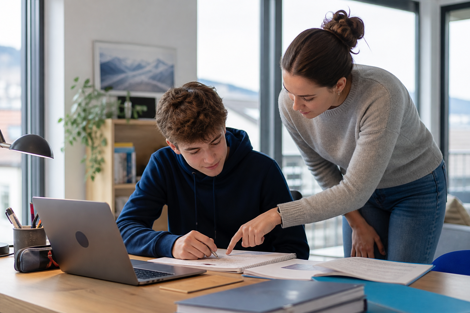 A tutor giving a student a private lesson at a desk